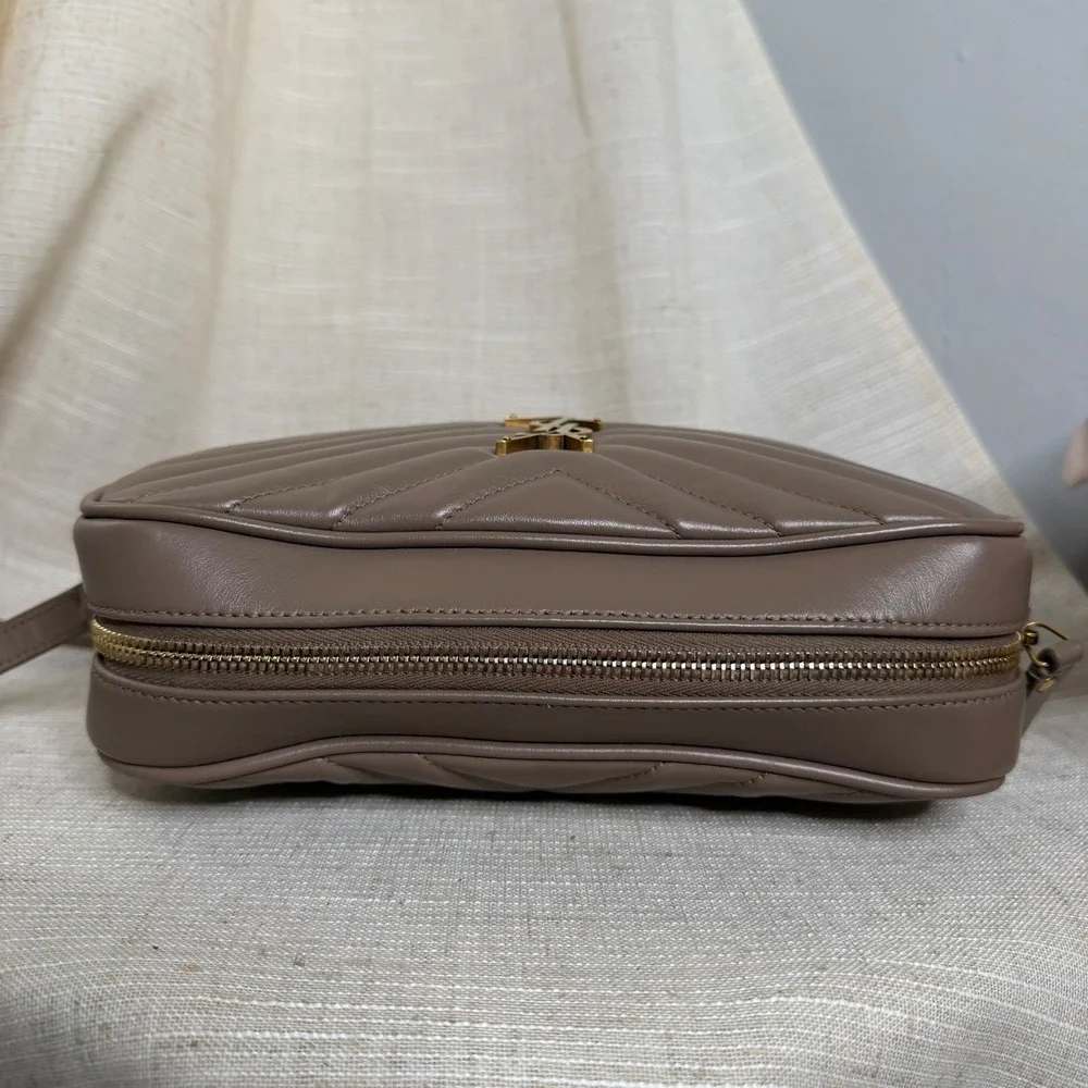 YSL Saint Laurent Lou Camera Bag Matelasse Chevron Calfskin Leather Taupe READ